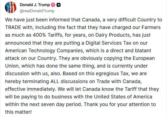«Узнаете тарифы в течении недели»: Трамп угрожает Канаде
