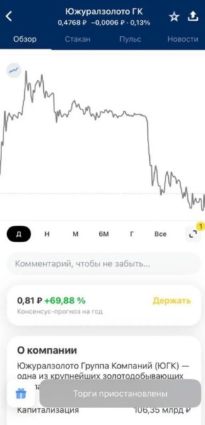 Мосбиржа приостановила торги акциями «Южуралзолота» на основании предписания Банка России
