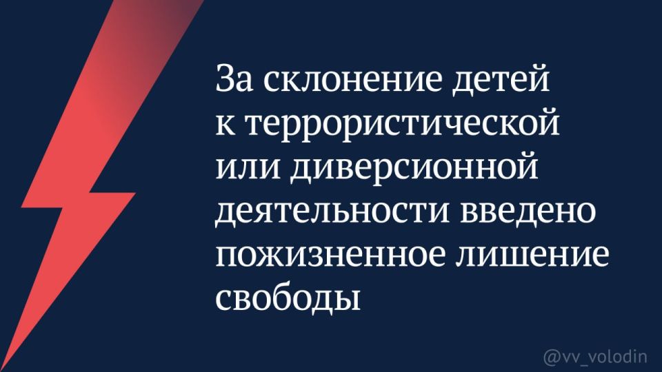 Вячеслав Володин: ЗА СКЛОНЕНИЕ ДЕТЕЙ к террористической или диверсионной деятельности введено ПОЖИЗНЕННОЕ ЛИШЕНИЕ СВОБОДЫ