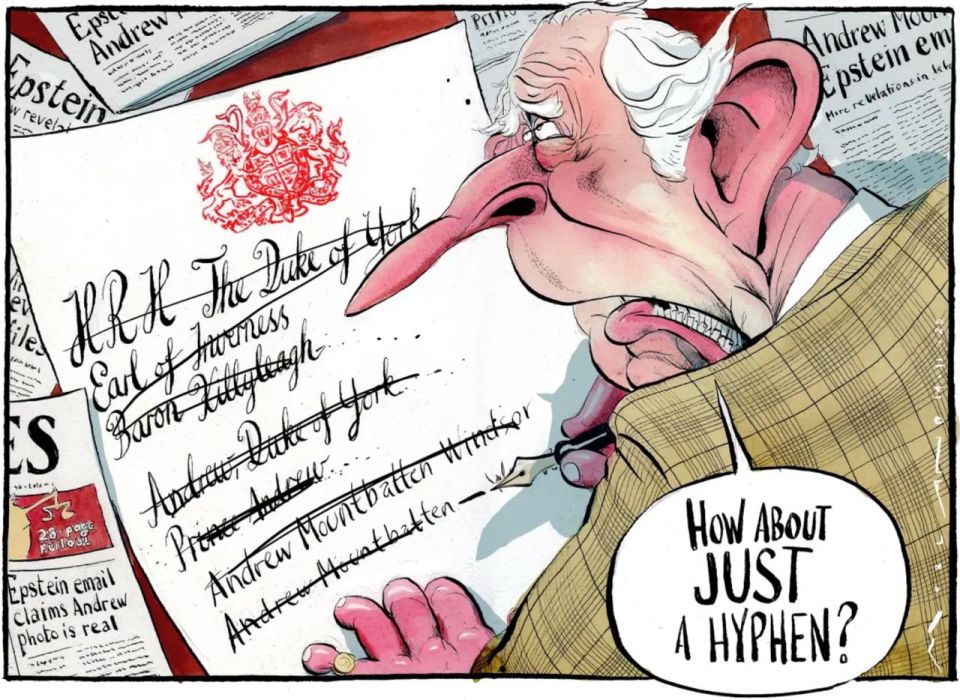 «Что если просто дефис?» Газета The Times представляет сегодня, как их бедолага королёк мучается, придумывая новую форму обращения к его младшему брату-извращенцу Эндрю, которого он на днях лишил всех званий и титулов
