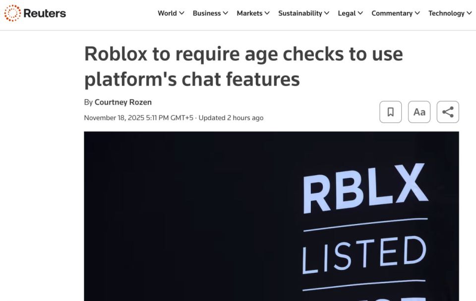 Онлайн-платформа Roblox ввела проверку возраста пользователей по фотографии, сообщило агентство Reuters