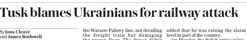 Владимир Корнилов: Впечатляет заголовок в сегодняшней The Daily Telegraph: «Туск обвиняет украинцев в атаке на железной дороге»