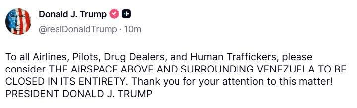 Трамп объявил о закрытии воздушного пространства над Венесуэлой