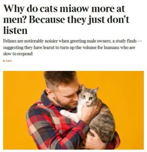 Кошки чаще и громче мяукают при встрече с мужчинами, чем с женщинами