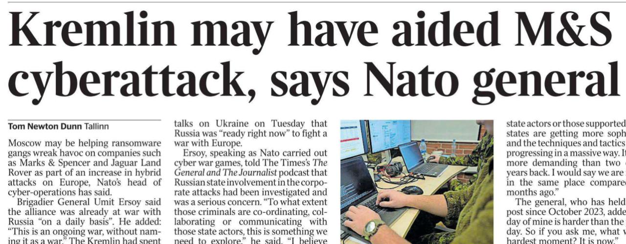 Владимир Корнилов: Нас опять раскрыли! Один из главных материалов сегодня в The Times озаглавлен: «Кремль, возможно, способствовал кибератаке против M&S» (кто уже забыл, это британская сеть магазинов Marks & Spenсer)