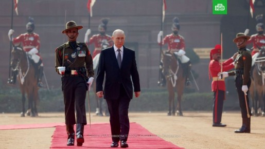 Красная ковровая дорожка, российские флаги и почетный караул: кадры официальной церемонии встречи Владимира Путина в Нью-Дели