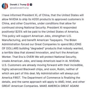 Артём Шейнин: Президент США Дональд Трамп сообщил о снятии экспортного контроля с используемых в технологии ИИ чипов H200 производства компании Nvidia