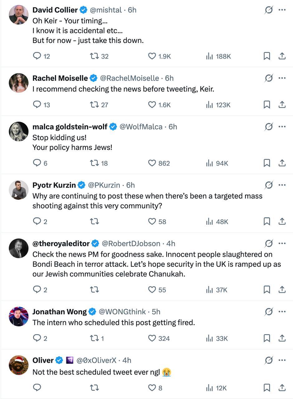 «Проверь новости»: британского премьера Стармера пристыдили за неуместное поздравление с Ханукой в соцсети Х на фоне теракта в Сиднее «Проверь новости»: британского премьера Стармера пристыдили за неуместное поздравление с Ханукой в соцсети Х на фоне теракта в Сиднее