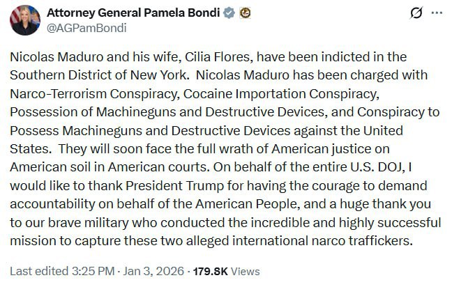 Президенту Венесуэлы Николасу Мадуро и его жене были предъявлены обвинения в южном округе Нью-Йорка