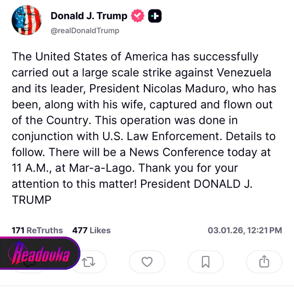 Полное заявление Трампа об атаке на Венесуэлу