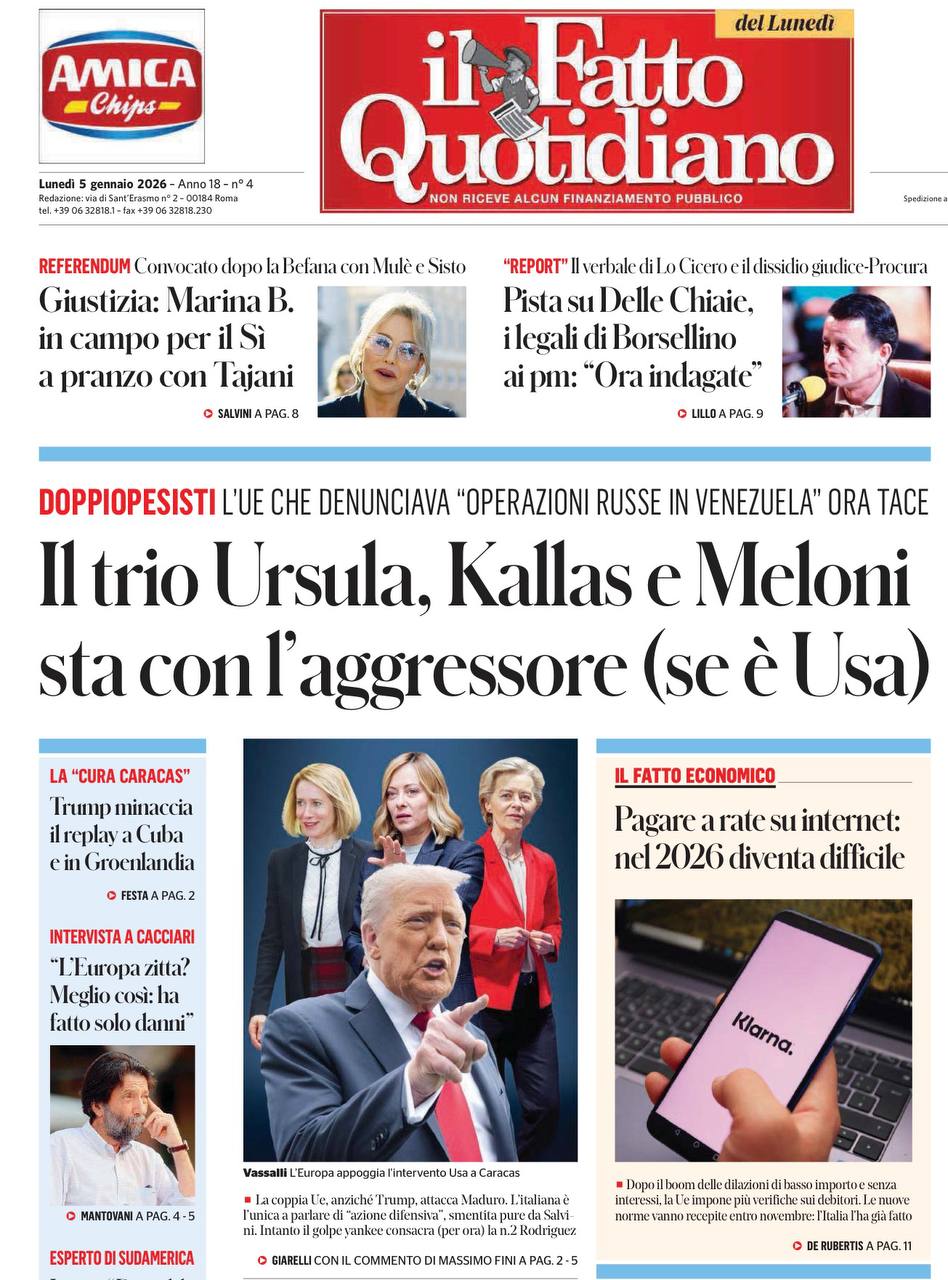 Владимир Корнилов: Итальянская газета il Fatto Quotidiano от души веселится над трио Урсулы, Каллас и Мелони, которые осуждали «агрессию России», но теперь «находятся на стороне агрессора (если он - США)»