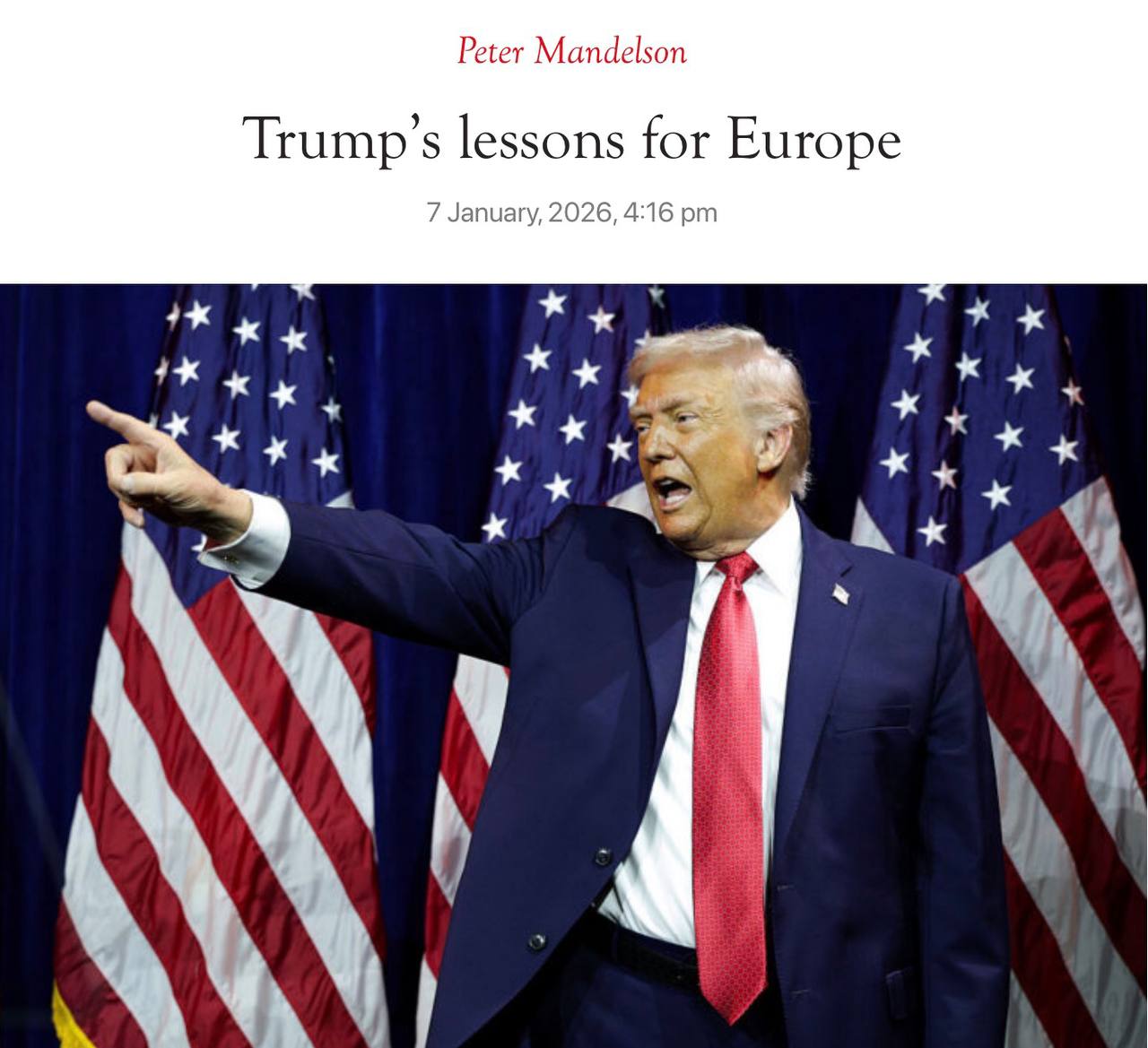 «Уроки Трампа для Европы». Под таким заголовком сегодня на страницах The Spectator опубликовал статью лорд Питер Мендельсон, бывший посол Британии в США