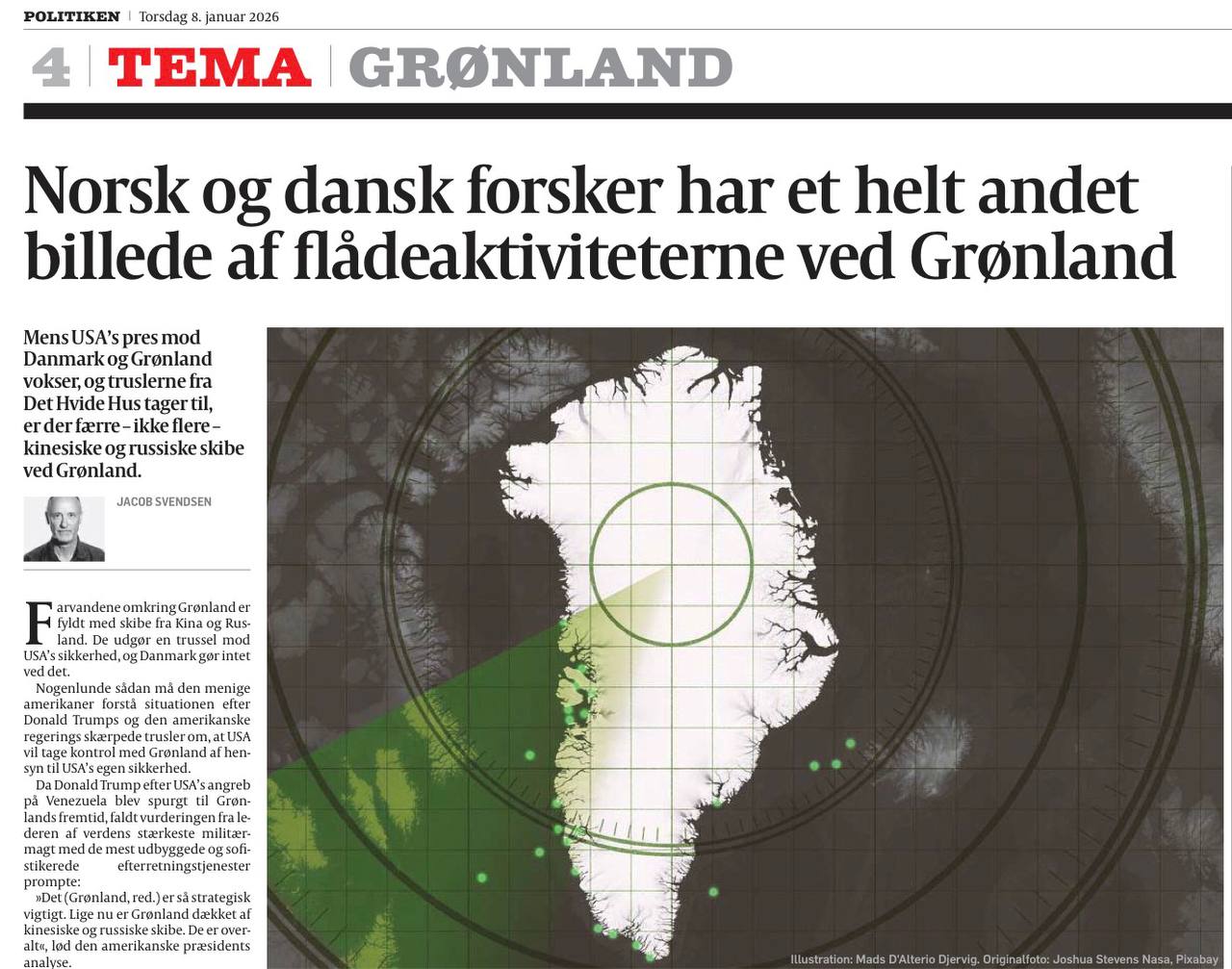Владимир Корнилов: Забавно! Сегодня датская газета Politiken гневно опровергает заявление Дональда Трампа о том, что вокруг Гренландии заметна активность российских и китайских кораблей