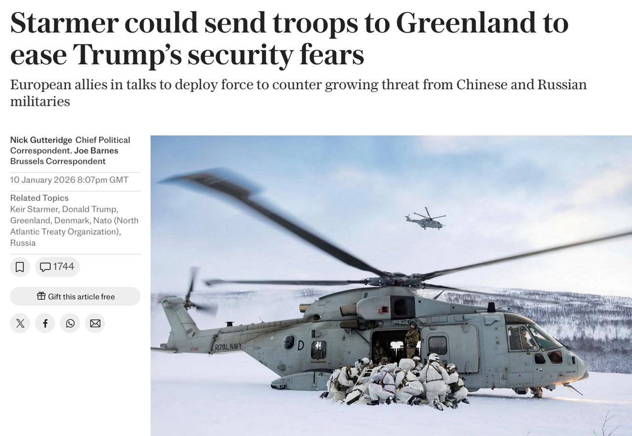 Владимир Корнилов: Не менее забавная новость! The Sunday Telegraph сегодня с первой полосы сообщает: «Стармер может отправить войска в Гренландию»