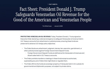 Артём Шейнин: Трамп подписал указ о защите доходов, полученных от продажи венесуэльской нефти, хранящихся на счетах Минфина США, сообщает Белый дом