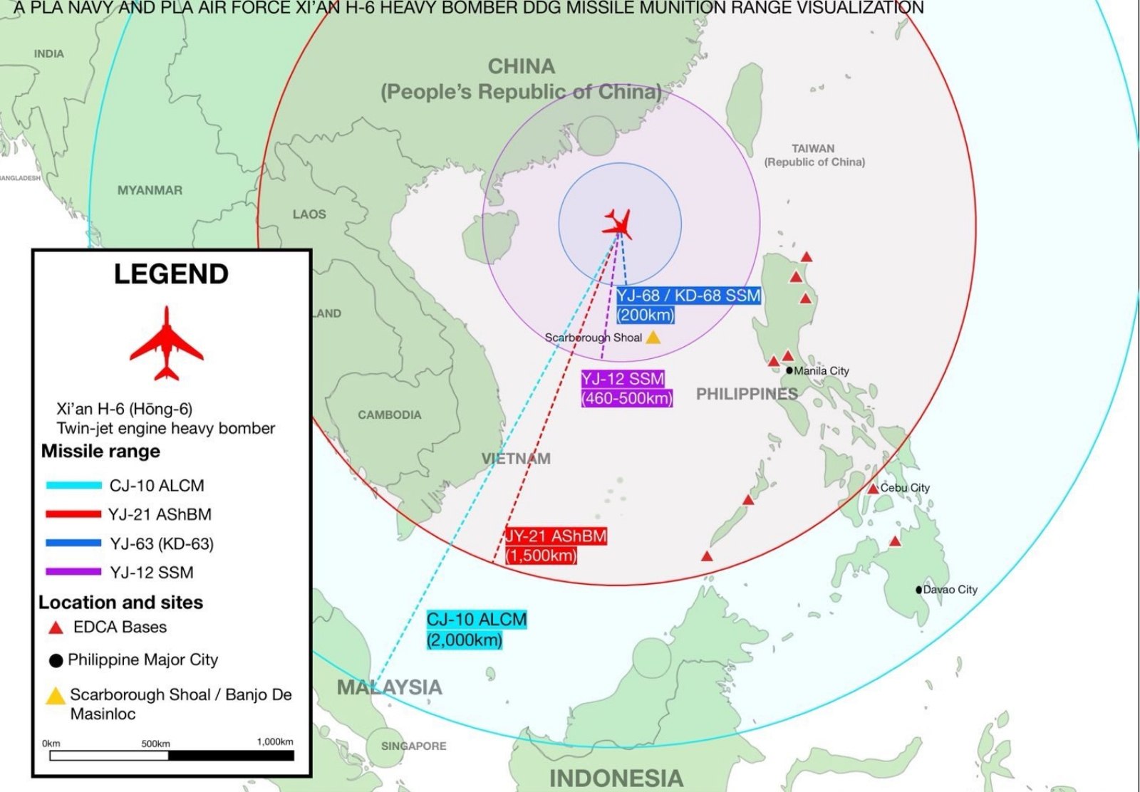 Боевые возможности бомбардировщиков Хун-6 НОАК при использовании различного бортового вооружения на направлении Южно-Китайского моря