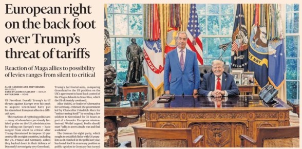 Владимир Корнилов: Financial Times сегодня отмечает, что гренландский поход Трампа и вводимые в связи с этим пошлины против европейских петушков застали врасплох сторонников MAGA в Европе