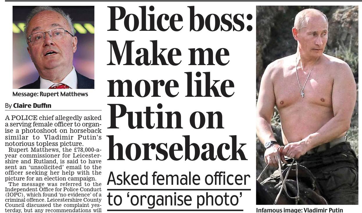 Владимир Корнилов: Даже британские полицейские хотят походить на Путина! Daily Mail сообщает о расследовании скандала вокруг комиссара полиции Лестершира Руперта Мэттьюза