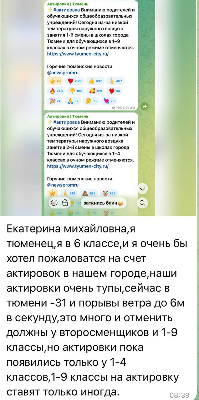 Екатерина Мизулина: В Тюмени какая-то беда с актировками: на улице очень сильные морозы, а отменяют занятия не у всех Екатерина Мизулина: В Тюмени какая-то беда с актировками: на улице очень сильные морозы, а отменяют занятия не у всех