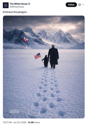 Белый дом выложил сгенерированное фото с Трампом и пингвином якобы из Гренландии
