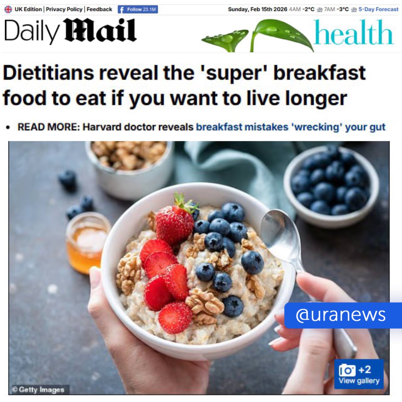 Начало дня с тарелки овсянки может стать залогом долгой жизни, сообщили диетологи The Daily Mail