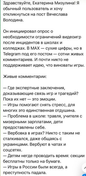 Екатерина Мизулина: Многих ребят взволновала тема с предложением усилить контроль за играми