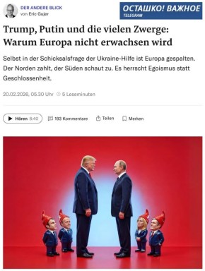 Европейских лидеров показали «гномами» на фоне Путина и Трампа: швейцарская пресса высмеяла Европу