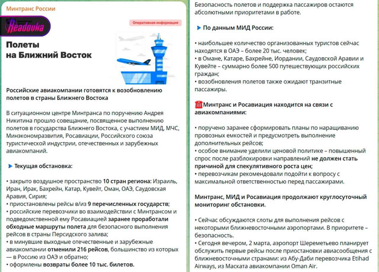 Российские авиакомпании готовятся к возобновлению полетов в страны Ближнего Востока — Минтранс РФ