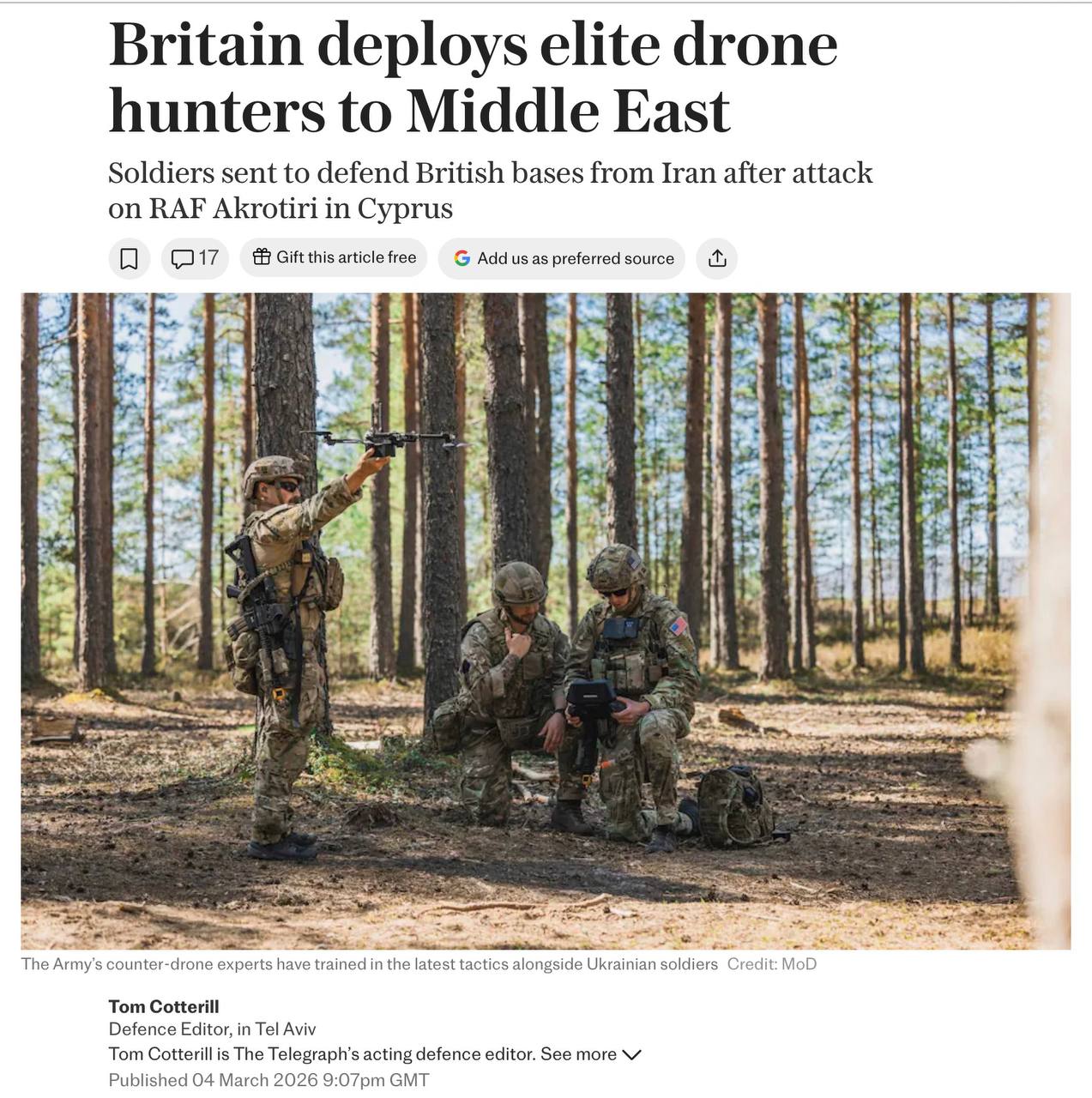 Владимир Корнилов: Газета The Daily Telegraph спалила своих военных! Она сегодня гордо сообщила, что Лондон перебрасывает на Ближний Восток элитную группу своих военных, специализирующуюся на охоте за дронами