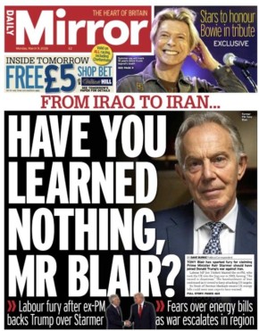 «От Ирака до Ирана… Вы так ничему и не научились, мистер Блэр?» Лейбористская пресса выходит из себя в связи с заявлением Тони Блэра, осудившего Кира Стармера за то, что тот не поддержал США в ударах по Ирану